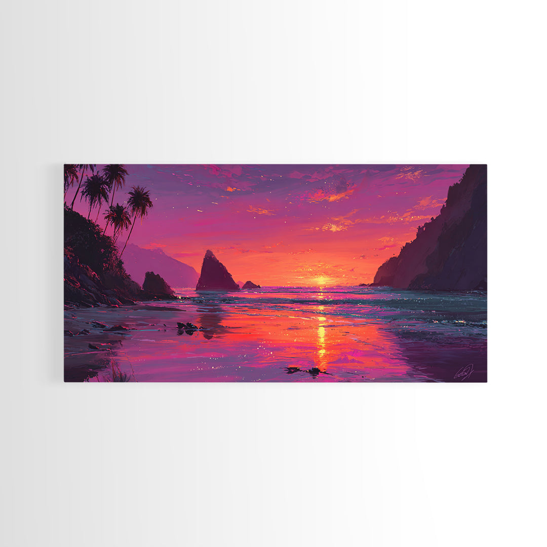 Vibrant Sunset Over Rocky Coastal Landscape Framed Canvas Print Large Wall Art For Modern Living Room And Contemporary Home Decor