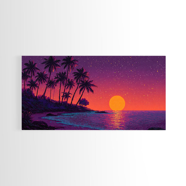Pixel Art Vibrant Tropical Sunset Beach Scene With Palm Trees Retro Style Wall Art Framed Canvas Print For Coastal Decor