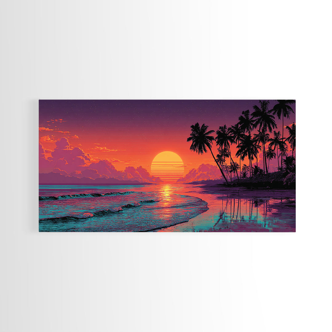 Sunset Tropical Beach Scene With Palm Trees And Calming Ocean Waves Aesthetic Wall Art For Coastal Home Decor