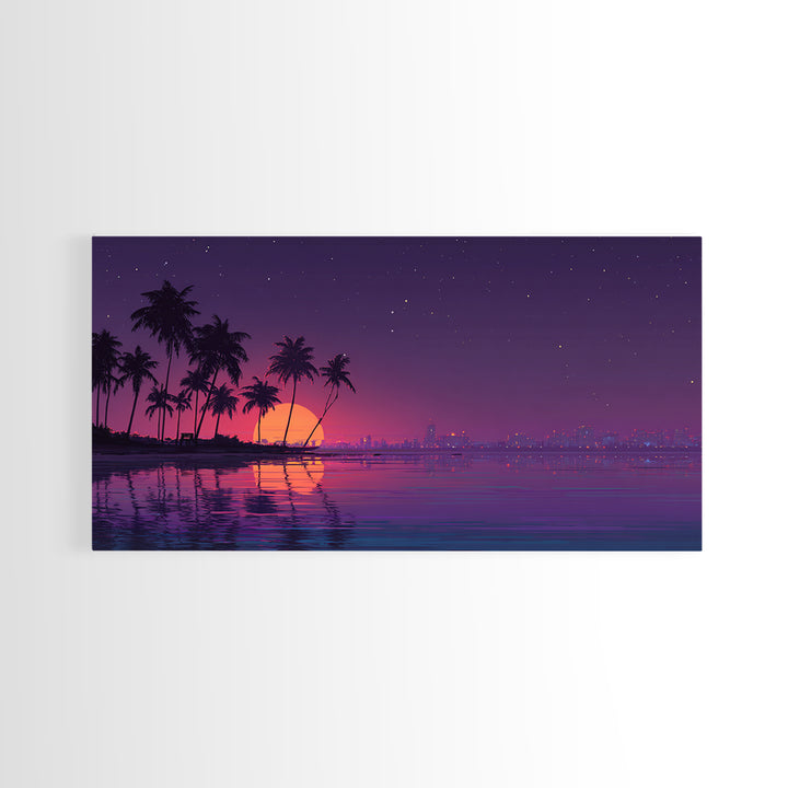 Digital Retro Sunset Beach Scene With Palm Trees Silhouettes Vibrant Coastal Wall Art Modern Wall Art Canvas Print