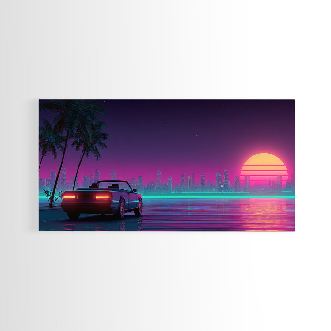 Retro Futuristic Cityscape With Classic Car Neon Colors Digital Art Canvas Print For Living Room Wall Art