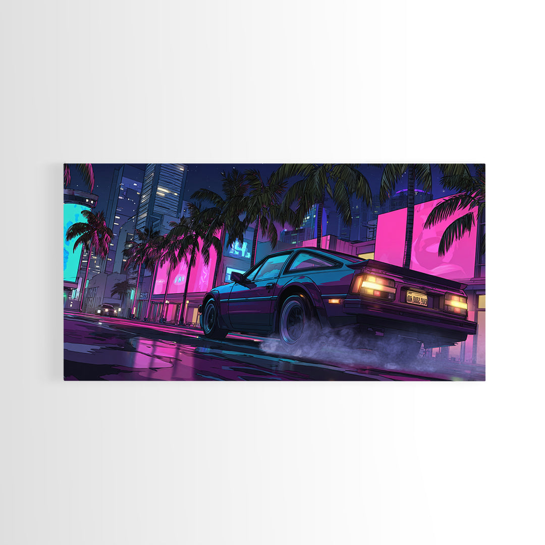 Retro Futurism DeLorean Car In Neon Cityscape Night Urban Wall Art Modern Canvas Print For Office Decor