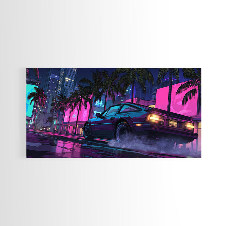 Retro Futurism DeLorean Car In Neon Cityscape Night Urban Wall Art Modern Canvas Print For Office Decor