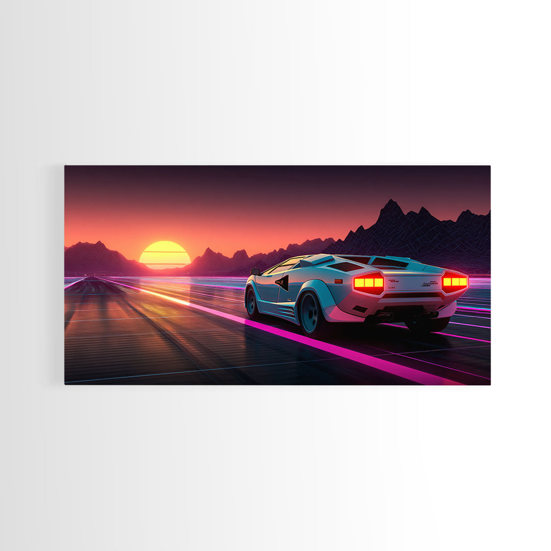 Retro Futuristic Sunset With Sports Car Driving Down Neon Highway Wall Art Print Modern Home Decor Canvas