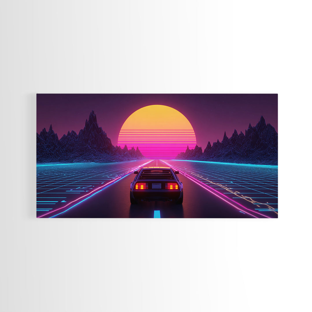 Retro Futuristic DeLorean Car Driving Toward Neon Digital Sun Synthwave Landscape Canvas Print Modern Wall Art For Office Decor