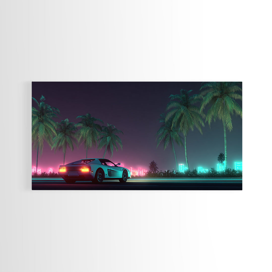Retro Futuristic Car Neon Night Scene With Palm Trees And City Lights Canvas Print Modern Wall Art For Living Room Decor