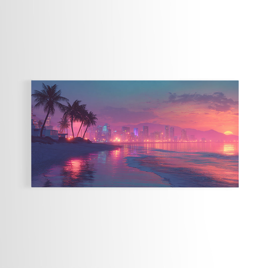 Beautiful Tropical Sunset Over Water With Palm Trees Vibrant Landscape Painting Wall Art Canvas Print