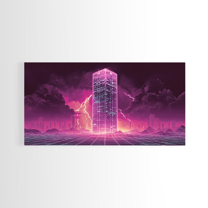 Vibrant Cyberpunk Neon Cityscape With Lightning Night Sky Retro Futuristic Wall Art High Quality Canvas Print