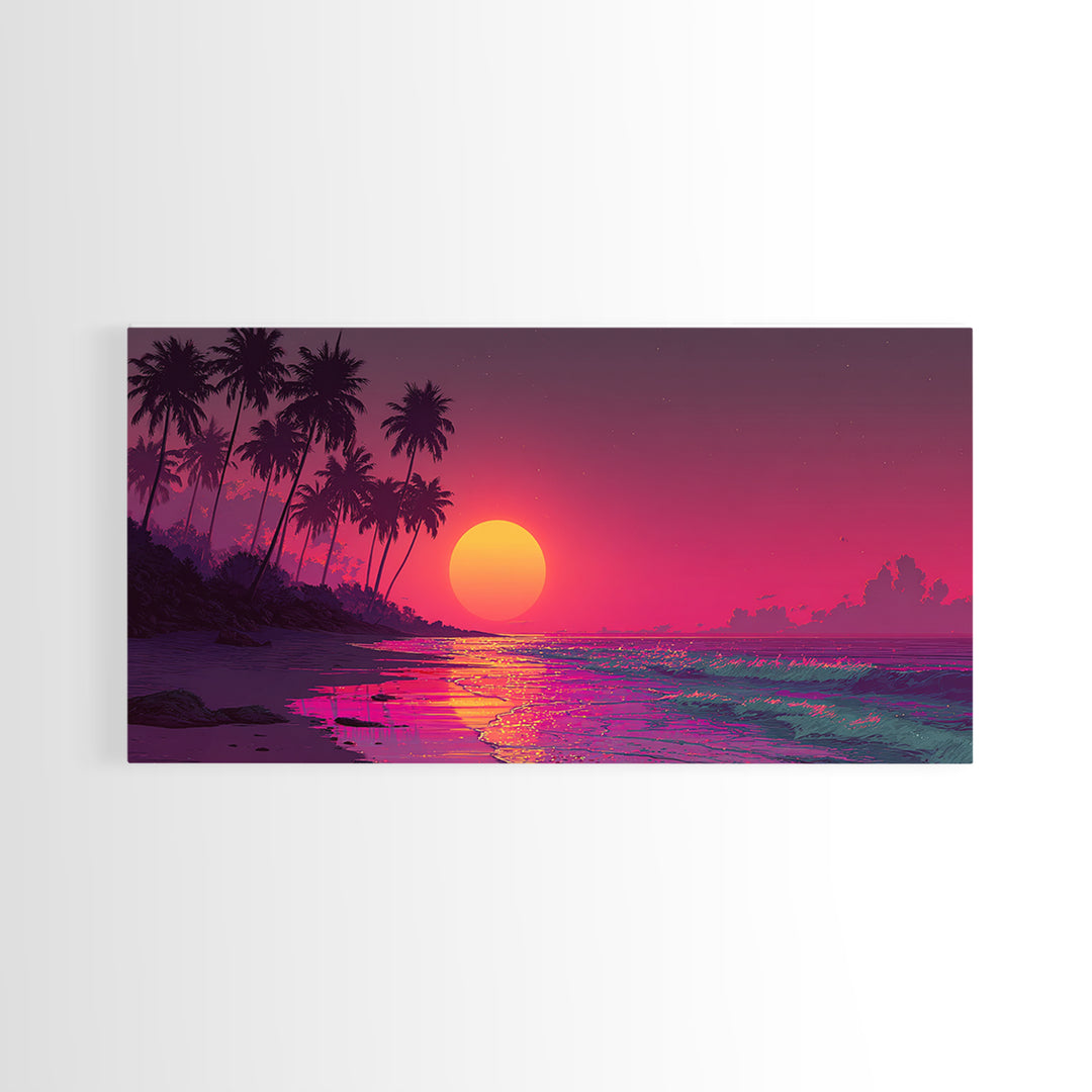 Vibrant Tropical Sunset Over Ocean With Palm Trees Canvas Print Coastal Wall Art Large Contemporary Wall Art For Beach House