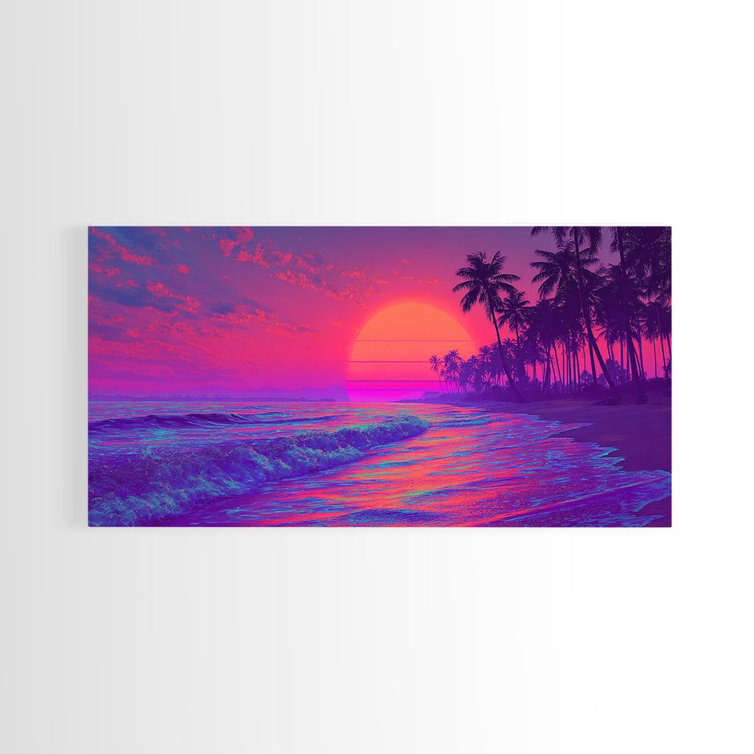Vibrant Neon Sunset Beach Scene Wall Art With Palm Trees And Pink Purple Sky Canvas Print For Tropical Home Decor