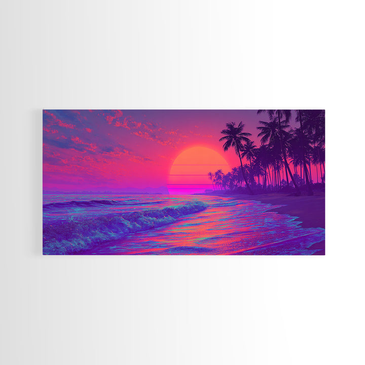 Vibrant Neon Sunset Beach Scene Wall Art With Palm Trees And Pink Purple Sky Canvas Print For Tropical Home Decor