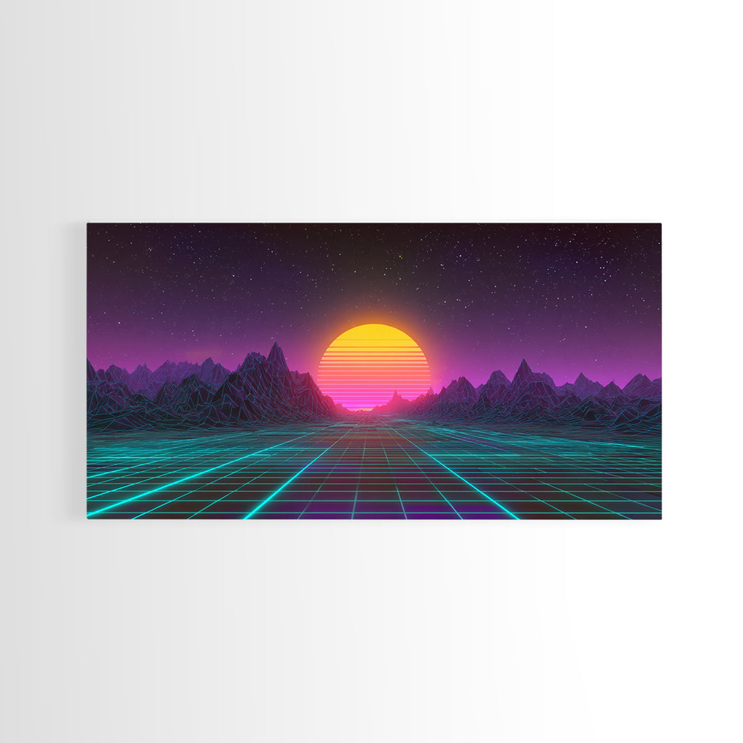 Retro Futuristic Neon Sunrise Over Wireframe Mountain Landscape Digital Artwork Canvas Print Wall Art for Modern Room Decor