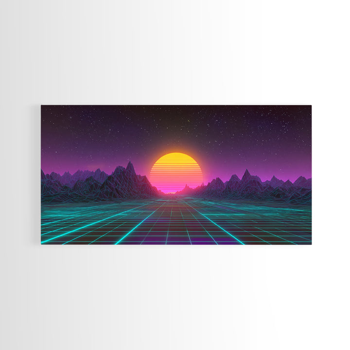 Retro Futuristic Neon Sunrise Over Wireframe Mountain Landscape Digital Artwork Canvas Print Wall Art for Modern Room Decor