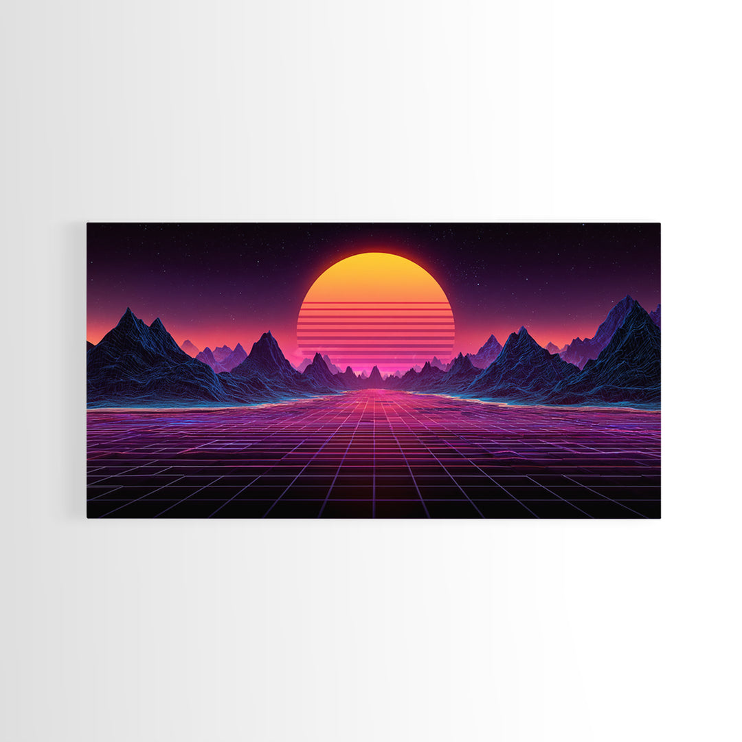 Retro Futuristic Synthwave Landscape With Neon Sun Canvas Print Wall Art For Modern Aesthetic Decor