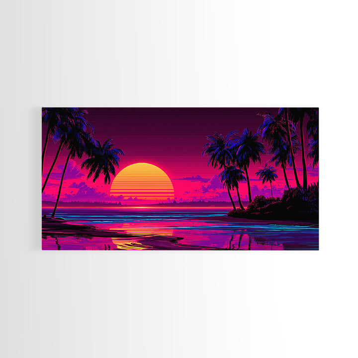 80s Retro Sunset Over Tropical Beach With Palm Trees Vibrant Neon Colors Canvas Print Framed Wall Art Large Wall Art For Living Room