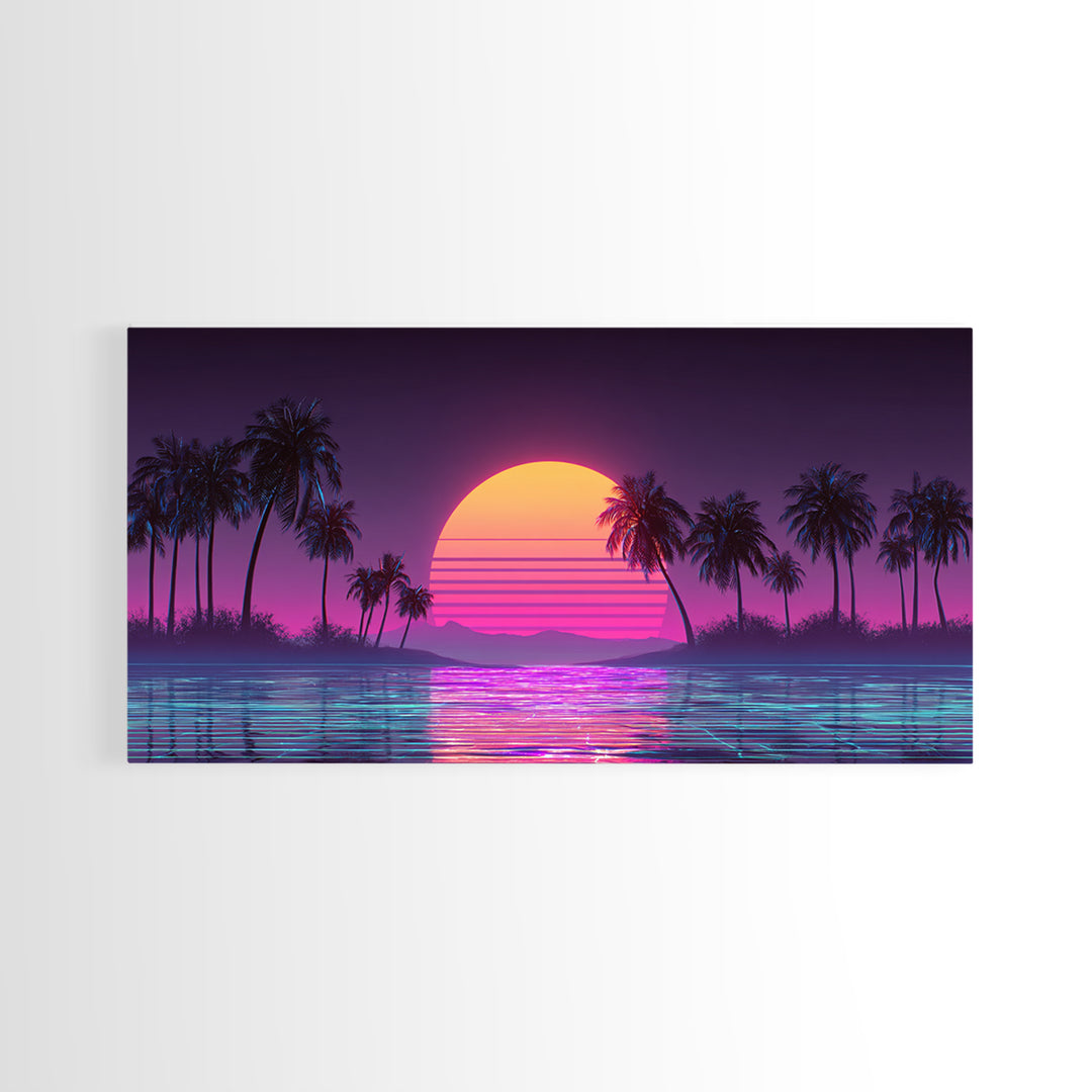 Retro Sunset Beach Scene With Palm Trees And Reflective Water Canvas Print Vibrant Coastal Wall Art