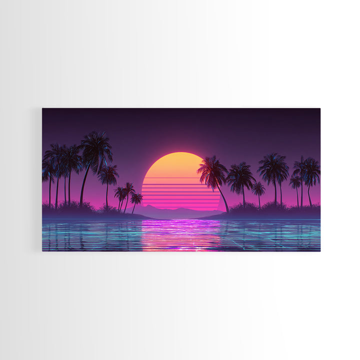Retro Sunset Beach Scene With Palm Trees And Reflective Water Canvas Print Vibrant Coastal Wall Art