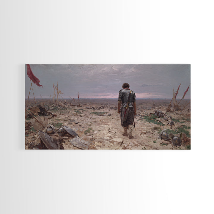 Lone Knight Walking Through Battlefield Wall Art, Medieval Landscape Canvas Print, Dark Academia Office Decor, Gift For Him