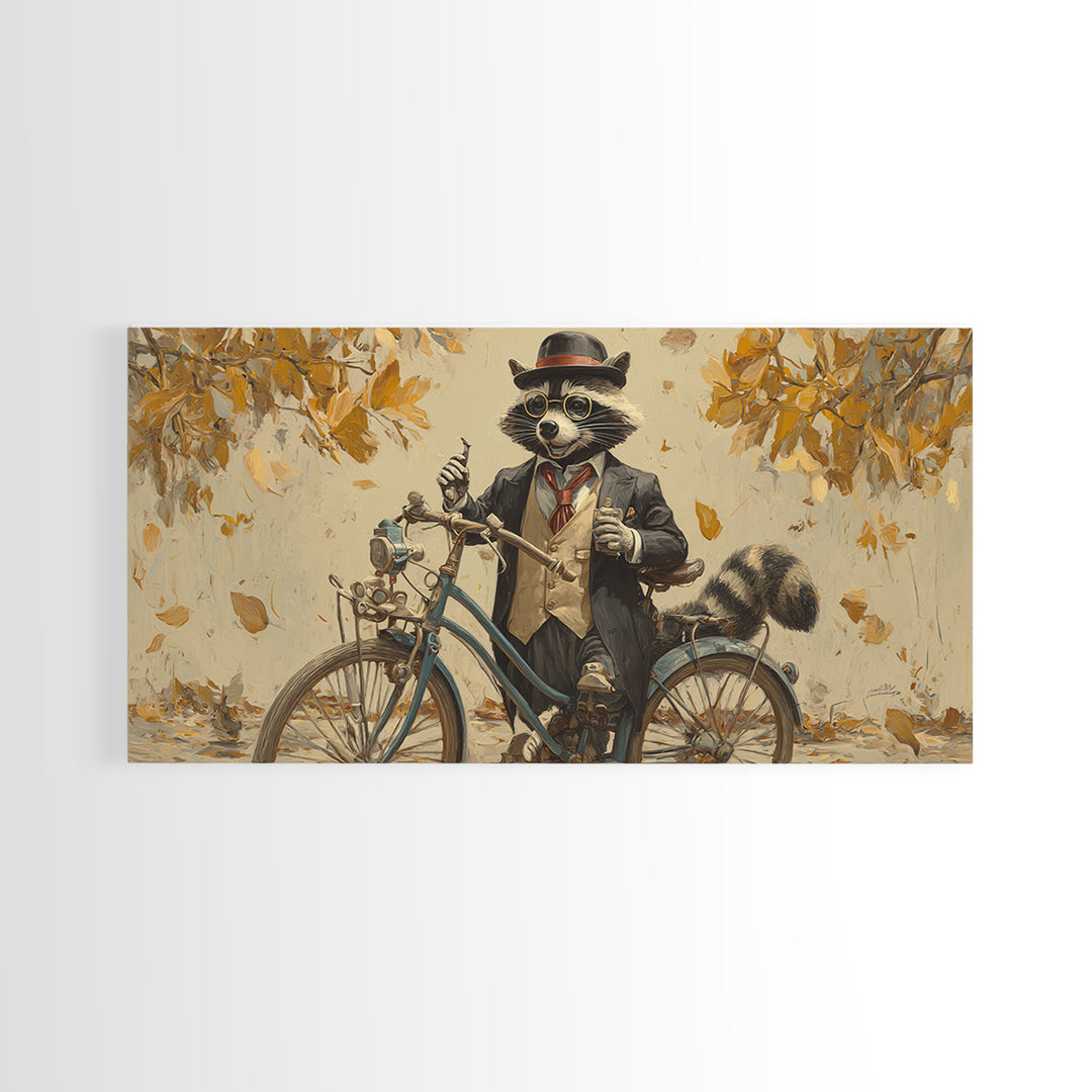 Raccoon Riding Bicycle In Autumn Leaves Wall Art, Whimsical Animal Decor, Funny Woodland Nursery Art, Gift For Her, Kids Room Decor
