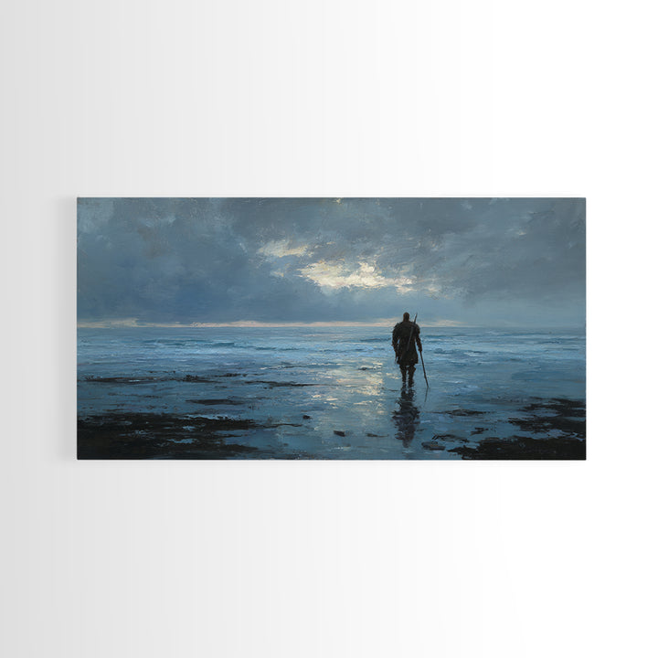 Lone Warrior Wading Through Blue Seascape Wall Art, Moody Ocean Canvas Print For Bedroom Decor And Masculine Office Decor