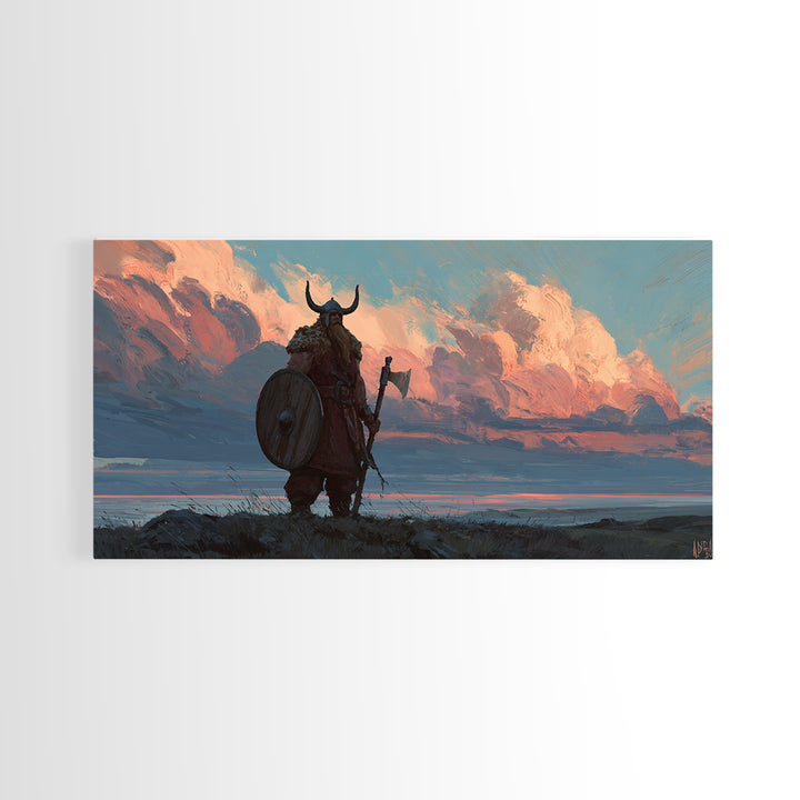 Horned Viking At Sunset Over Fjord Canvas Print, Nordic Landscape Wall Decor, Western Rustic Home Decor, Masculine Art Gift