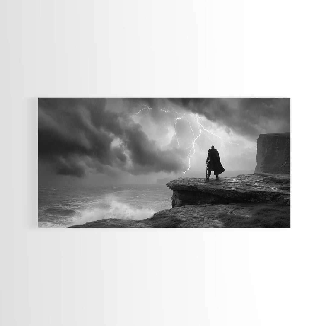 Dark Warrior On Stormy Sea Cliff Wall Art, Black And White Art, Gothic Wall Art, Moody Seascape, Masculine Office Decor