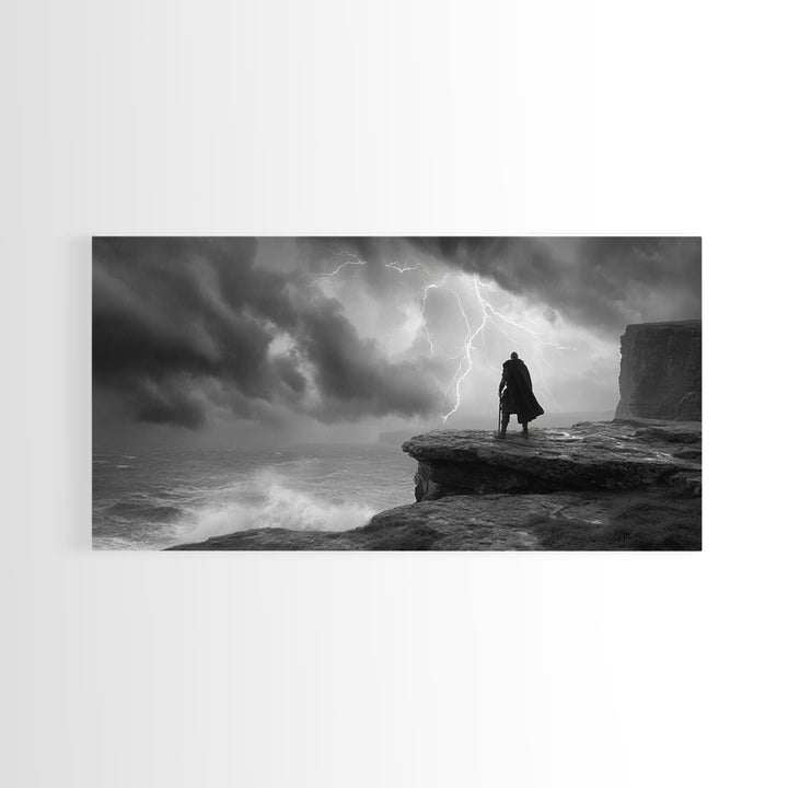 Dark Warrior On Stormy Sea Cliff Wall Art, Black And White Art, Gothic Wall Art, Moody Seascape, Masculine Office Decor
