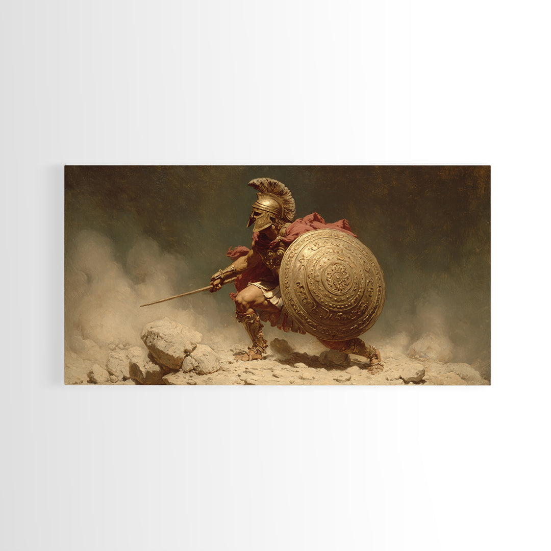 Golden Spartan Warrior With Round Shield Canvas Print, Ancient Greek Wall Art, Mythological Battle Decor For Masculine Office