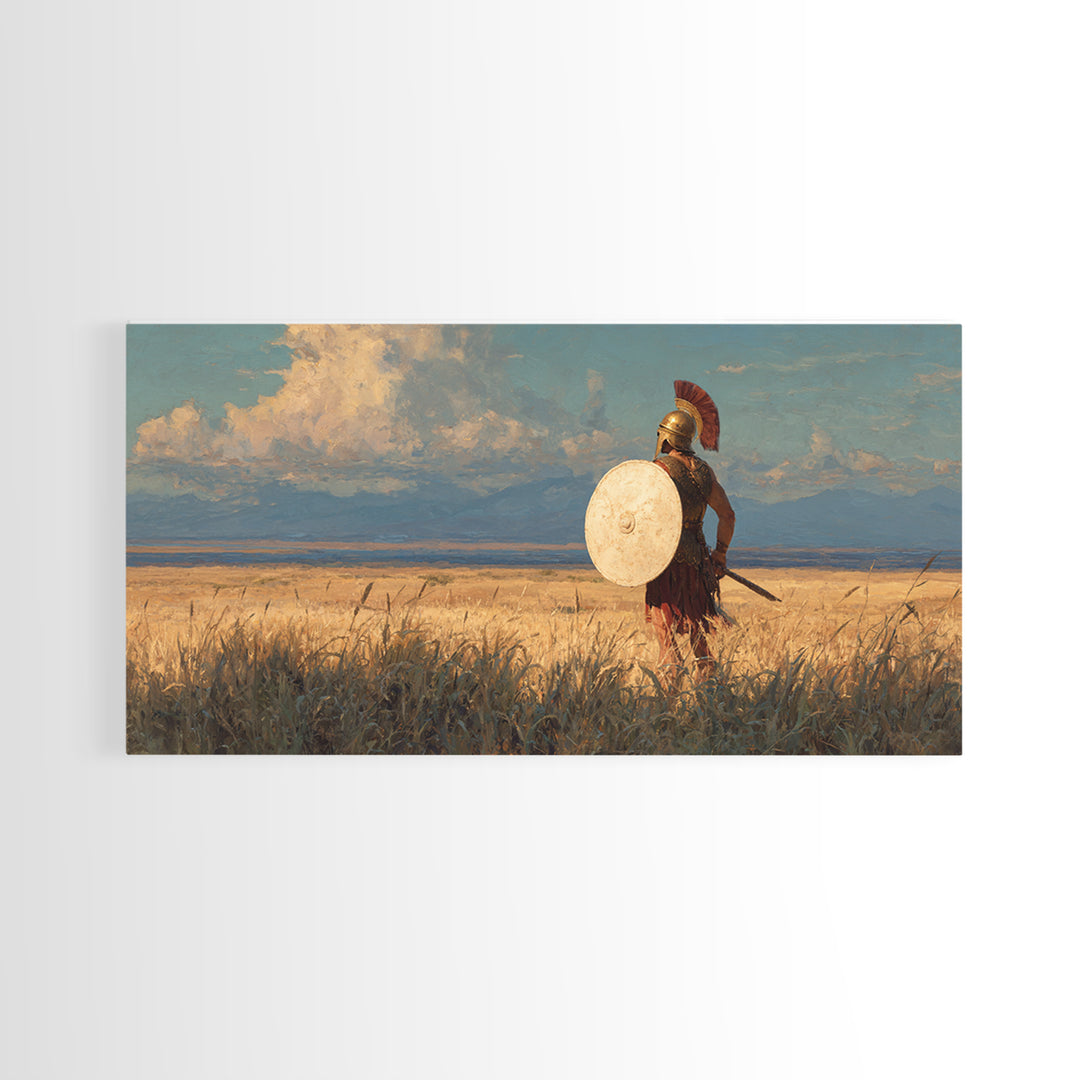 Spartan Warrior In Golden Field Framed Canvas Print, Ancient Greek Landscape Wall Decor, Historical Wall Art For Home Decor