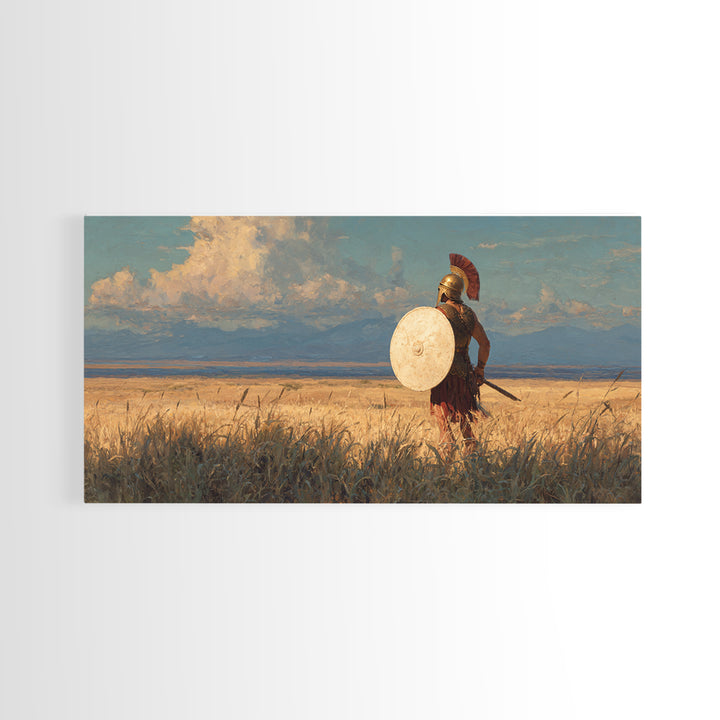 Spartan Warrior In Golden Field Framed Canvas Print, Ancient Greek Landscape Wall Decor, Historical Wall Art For Home Decor