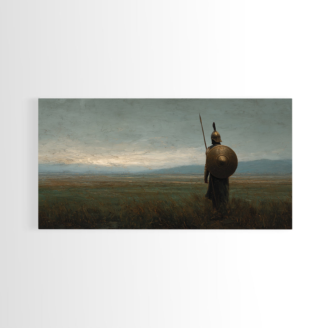 Ancient Shield Warrior In Quiet Field Wall Art Historical Landscape Painting, Greek Soldier Canvas Print For Office Decor
