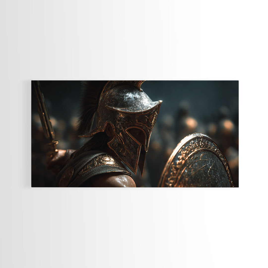 Bronze Spartan Soldier With Shield Framed Canvas Print, Ancient Greek Wall Art, Gladiator Decor, Masculine Office Poster