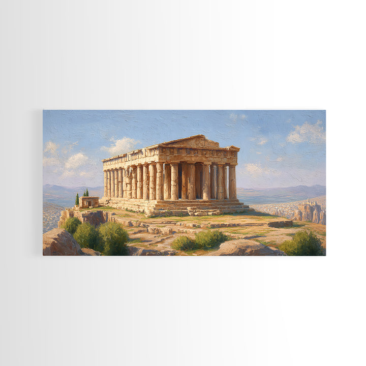 Sunlit Greek Temple Parthenon Wall Art, Ancient Architecture Painting, Mediterranean Landscape, Classic Home Decor Print