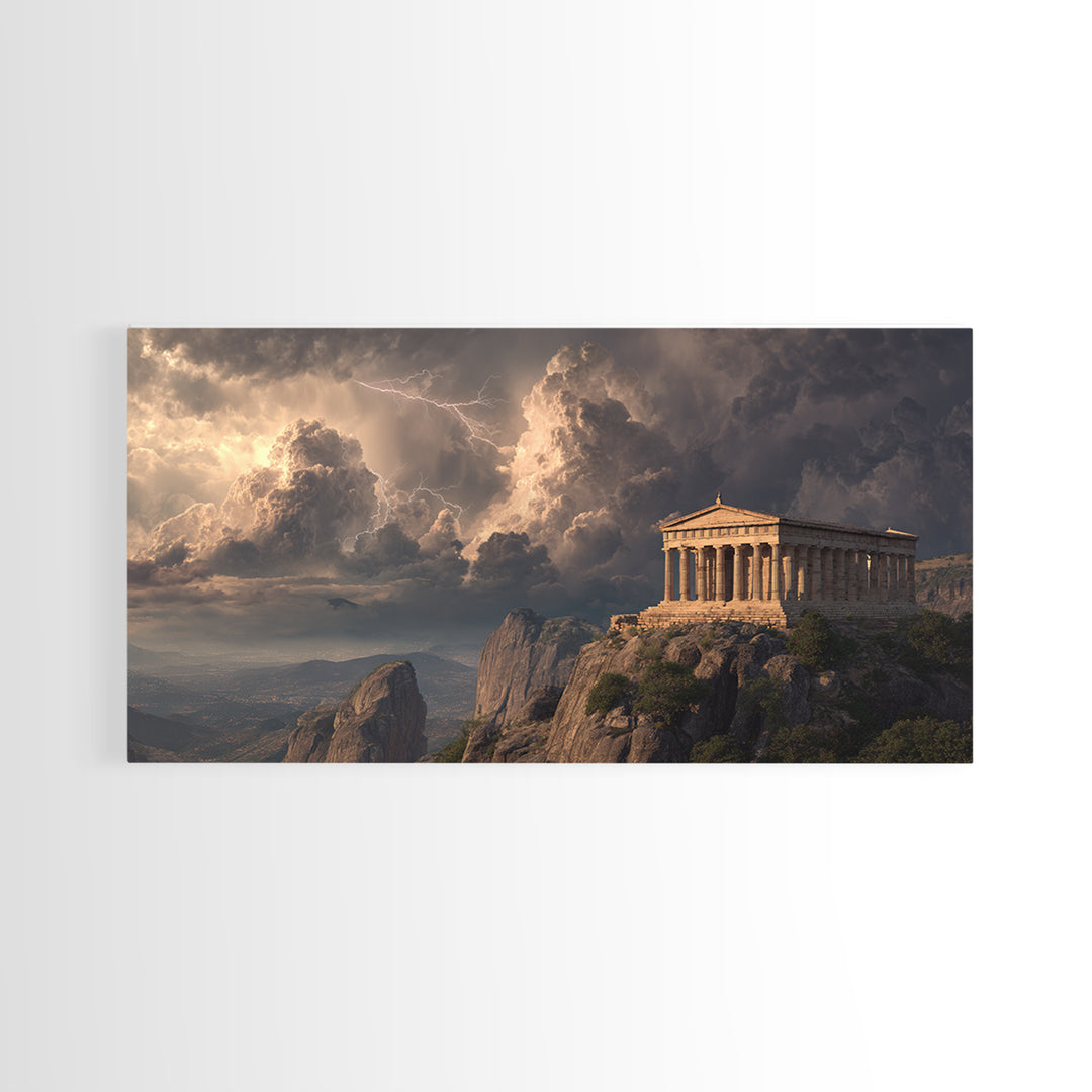 Ancient Greek Temple Storm Over Mountain Cliffs Wall Art, Mythological Landscape, Greece Decor, Dramatic Fine Art Print Poster