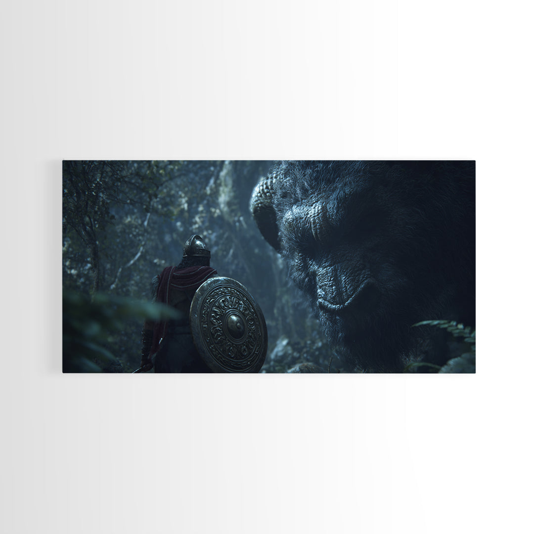 Armored Warrior Facing Giant Forest Bear Framed Canvas Print, Fantasy Art, Animal Wall Art, Dark Wall Art, Unique Gift, Home Decor