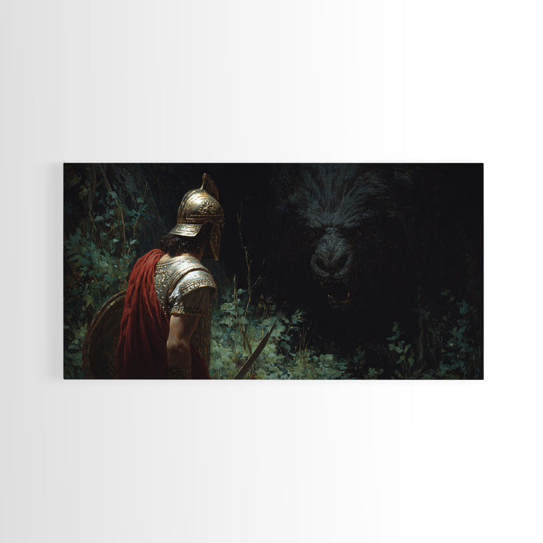 Dark Warrior Facing Bear Framed Canvas Print, Mythic Fantasy Wall Art, Gothic Forest Living Room Decor, Gift For Him, Man Cave