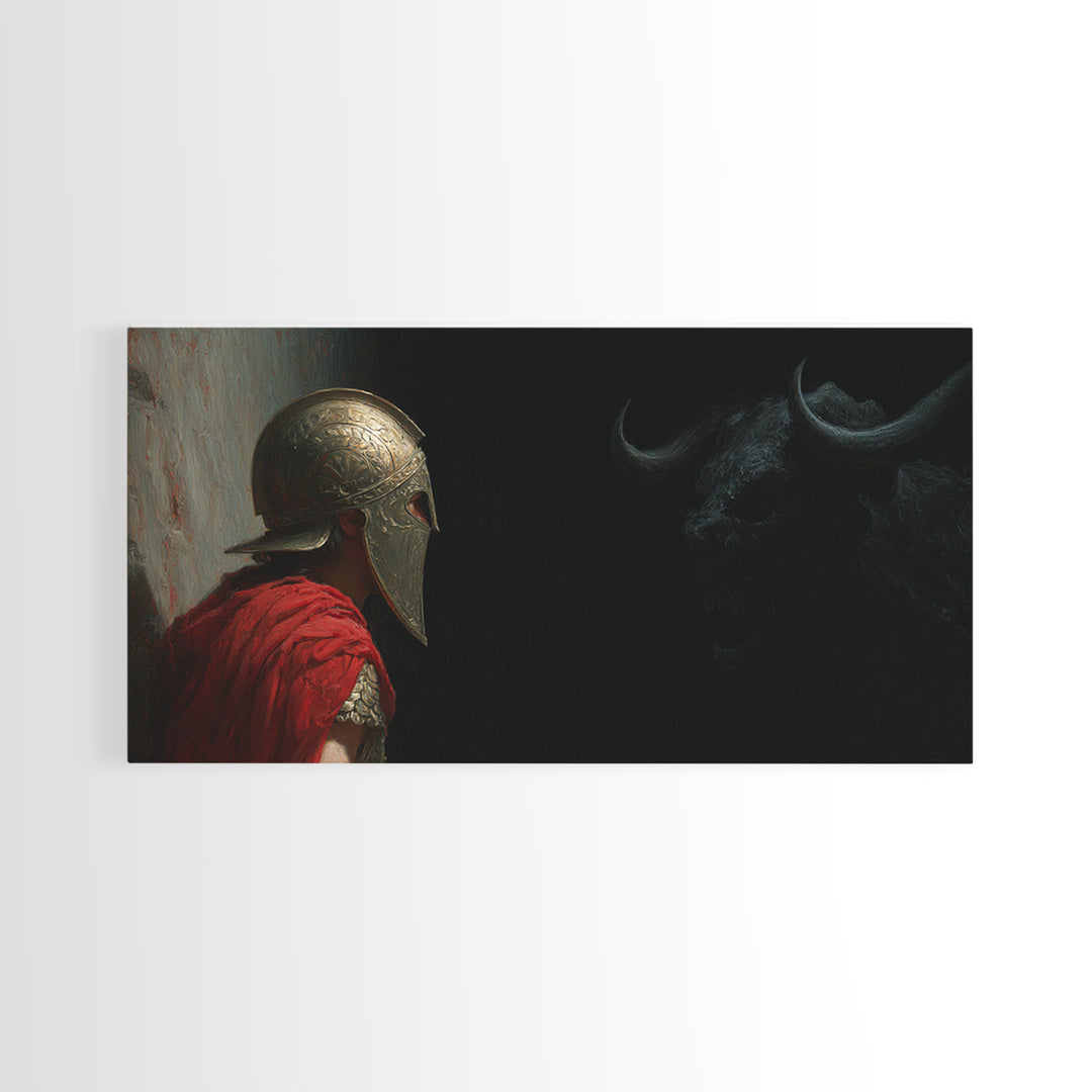 Helmeted Hero Facing Shadow Bull Framed Canvas Print, Mythological Wall Art, Dark Fantasy Decor, Greek Myth Gift For Him