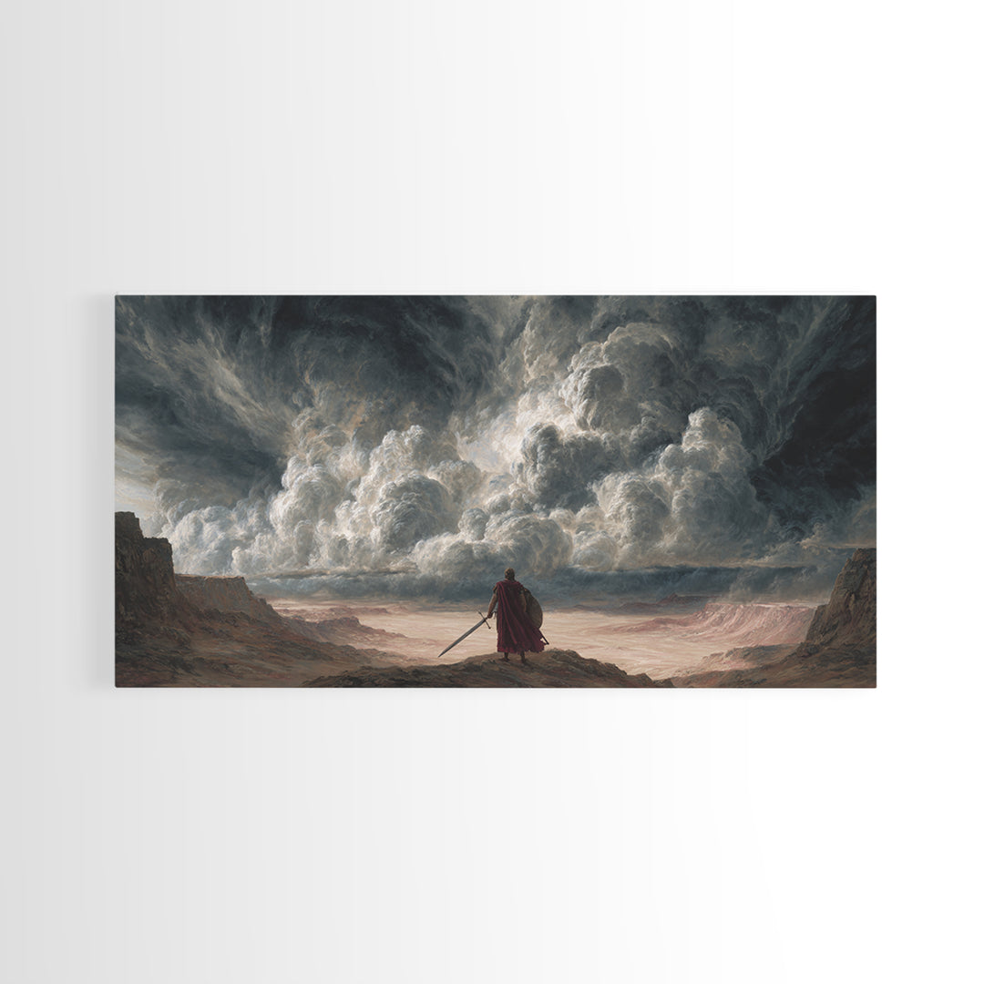 Solitary Warrior Beneath Apocalyptic Storm Canvas Print, Epic Fantasy Wall Art, Dramatic Landscape Decor For Living Room