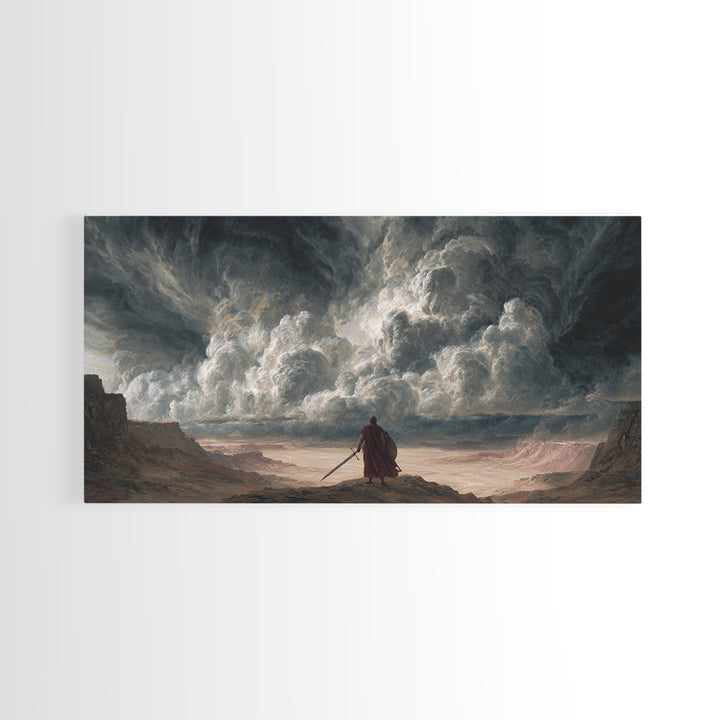 Solitary Warrior Beneath Apocalyptic Storm Canvas Print, Epic Fantasy Wall Art, Dramatic Landscape Decor For Living Room