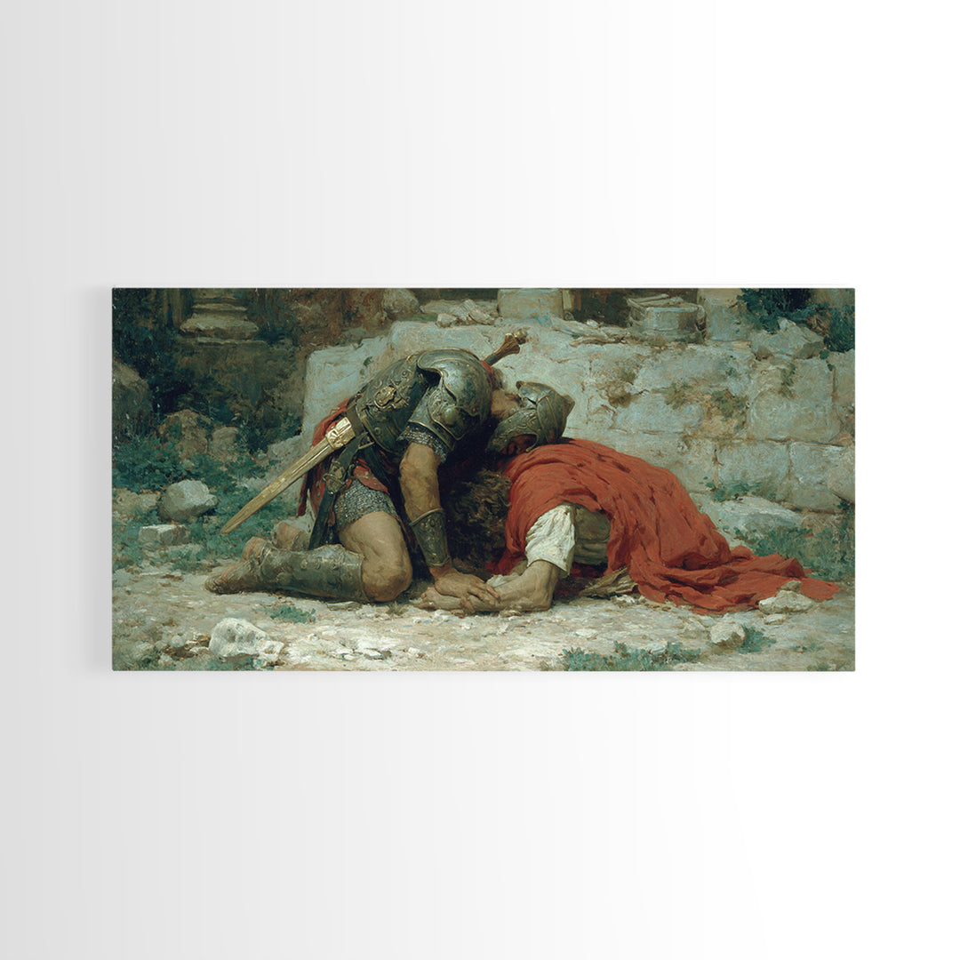 Fallen Knight Mourning In Ruins Wall Art, Medieval Tragedy Canvas Print, Historical Warrior Decor For Living Room And Office