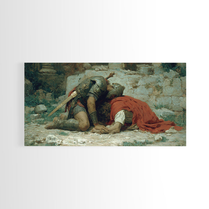 Fallen Knight Mourning In Ruins Wall Art, Medieval Tragedy Canvas Print, Historical Warrior Decor For Living Room And Office