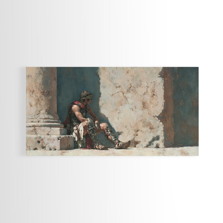 Resting Roman Gladiator In Sunlit Stone Hall Wall Art, Historical Warrior Framed Canvas Print For Classical Home Decor Gift