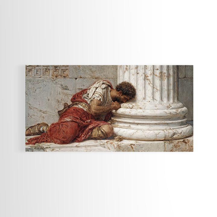 Wounded Roman By Marble Column Framed Canvas Print, Classical History Wall Art, Dark Academia Decor, Ancient Rome Artwork