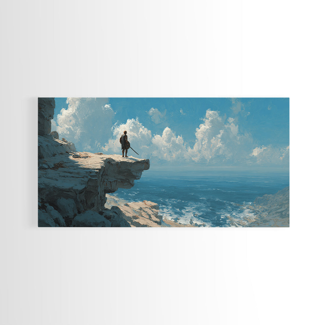 Heroic Warrior Facing Ocean Cliffs Under Cloudscape Landscape Wall Art Canvas Print Epic Adventure Outdoor Painting Decor