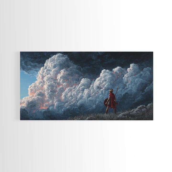 Small Warrior Before Towering Storm Clouds Wall Art, Dramatic Fantasy Canvas Print For Kids Room Decor And Moody Home Decor