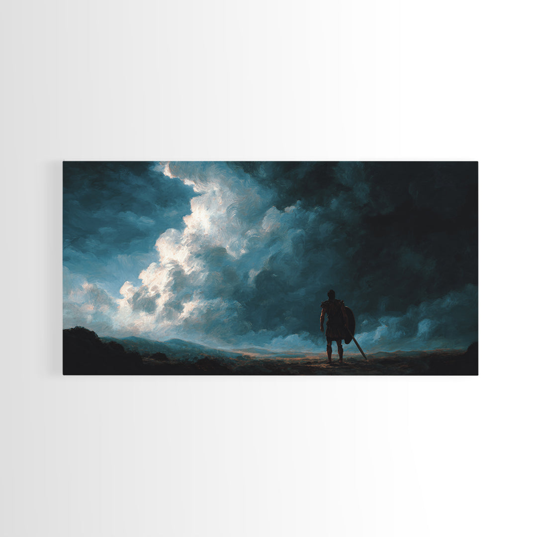Lone Warrior Beneath Storm Clouds Canvas Print, Moody Landscape Wall Art, Dark Fantasy Decor, Masculine Office Art, Gift For Him