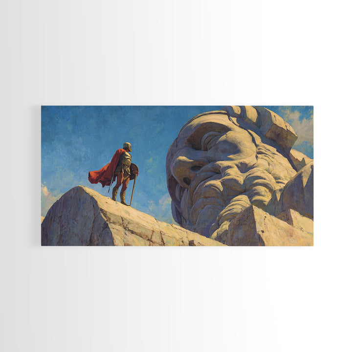 Knight Beside Giant Ancient Statue Wall Art, Epic Fantasy Landscape, Medieval Canvas Decor, Dramatic Office Art Print For Living Room