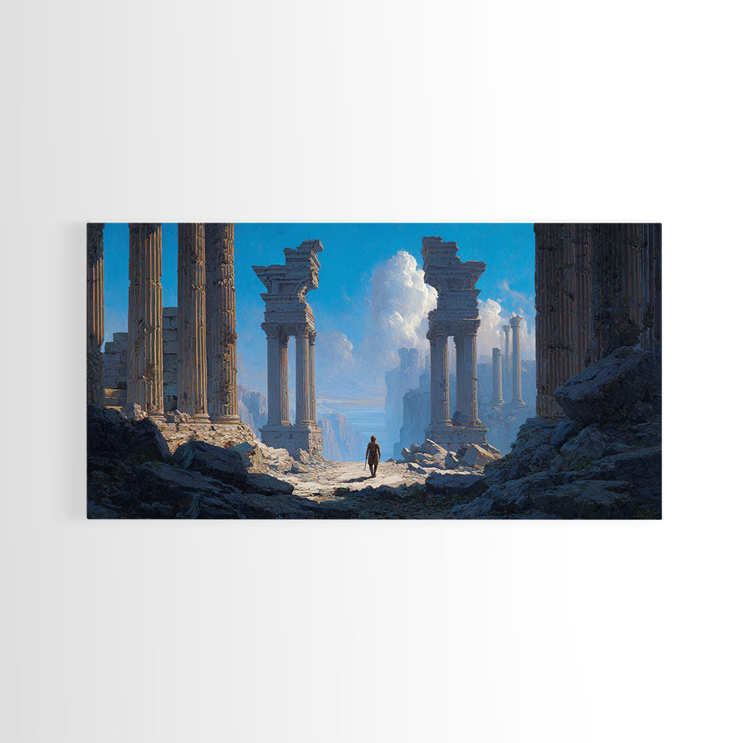 Ancient Ruins With Lone Wanderer Wall Art, Fantasy Landscape Print, Epic Temple Decor, Blue Adventure Canvas, For Living Room Decor