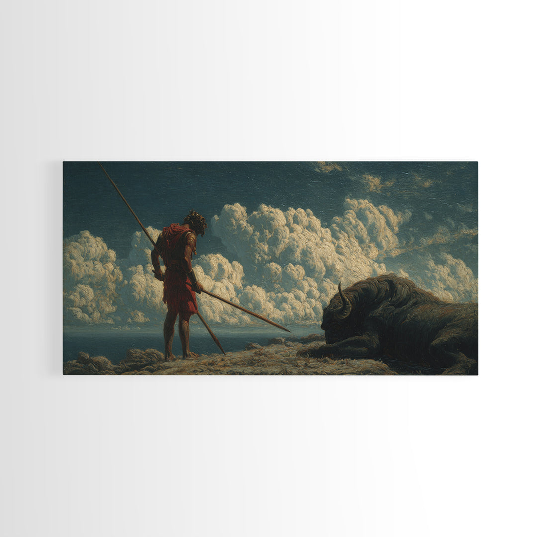 Ancient Spear Hunter And Bison Wall Art, Mythological Warrior Painting, Rustic Wildlife Decor, Epic Fantasy Home Decor Gift