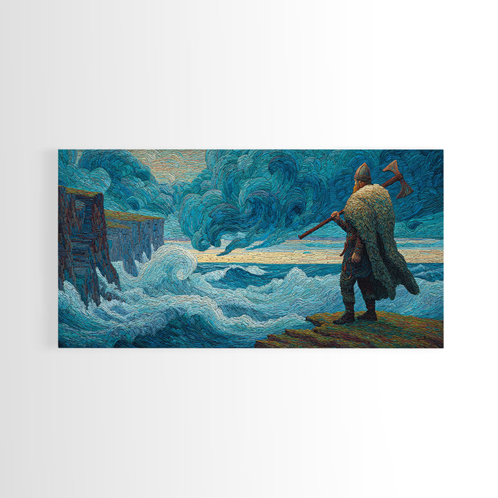 Viking Warrior Facing Blue Storm Waves Wall Art, Nautical Art, Fantasy Art, Textured Wall Art, Ocean Wall Art, Coastal Decor